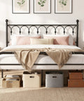 Queen Metal Platform Bed Frame Featuring Trendy Spherical Headboard, Rock Solid Steel Slat Support, Generous Underbed Storage, Totally Silent Setup, Ditch The Box Spring For Ultimate Comfort Vibes in a cozy bedroom setting.