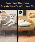 Side-by-side of dog scratching and resting on couch; demonstrates Rubber Furniture Pads Non Slip Heavy Duty Caster Cups For Couch Stoppers For Hardwood Floors, Tile And Laminate 2 Inch Round Anti Scratch Floor Protectors Black 4 Pack use.