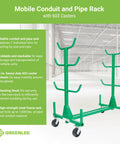 Heavy Duty Mobile Conduit And Pipe Rack Featuring Badass Seven Bin Jobsite Organizer With Hella Smooth Swivel Casters Fully Foldable Stackable Setup For Crews, green steel frame with 603 casters.