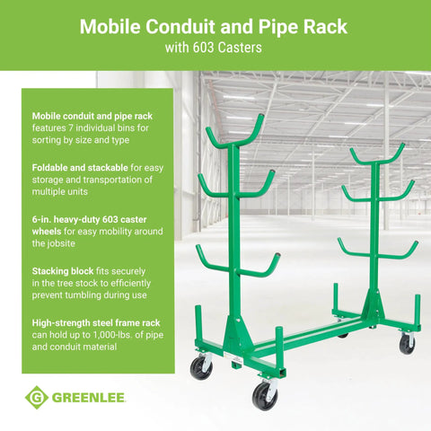 Heavy Duty Mobile Conduit And Pipe Rack Featuring Badass Seven Bin Jobsite Organizer With Hella Smooth Swivel Casters Fully Foldable Stackable Setup For Crews, green steel frame with 603 casters.