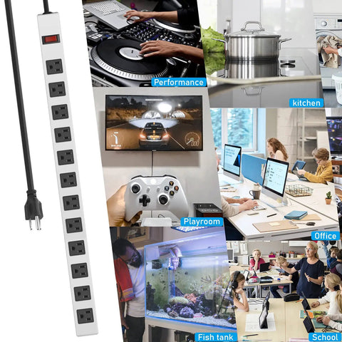 Heavy Duty Metal 12 Outlet Power Strip With 1200J Surge Protector shown in various usage scenarios
