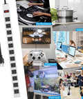 Image of Metal 12 Outlet Power Strip with Surge Protector 1200J showing various uses: gaming, kitchen, office, and more.