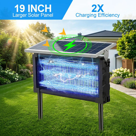 Solar Bug Zapper Outdoor Waterproof With 4500V Grid, 3 LED Tubes, displayed in a lawn setting, showcasing solar panel and electric grid.