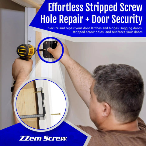 Person using drill to install 4 Pack Permanent Stripped Door Hinge Repair Kit With Heavy Duty Screws And Anchors For Quick Fixes.