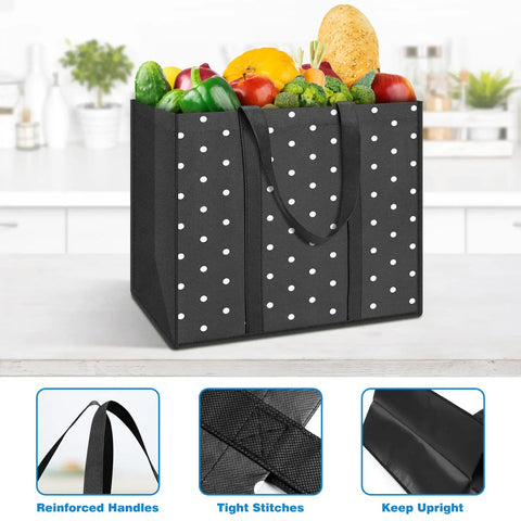 10 Pack Reusable Grocery Bags For Shopping And Picnics With 35L Large Capacity Heavy Duty Waterproof Tote Bags with groceries inside