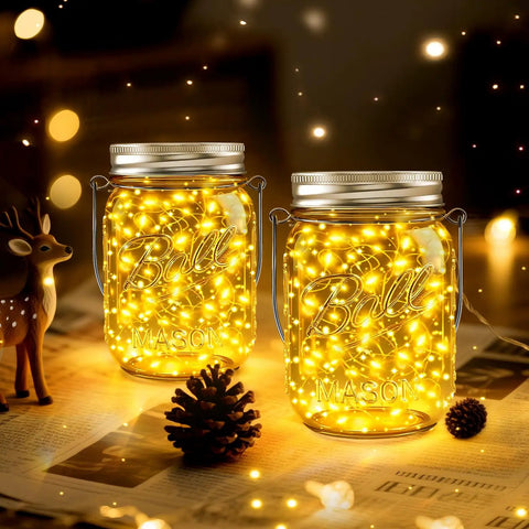 Mason Jar Solar Lights Set Of 12 With 30 LED Fairy Lights Warm White Outdoor String Lights displayed with glowing decor.