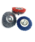 Three colored nylon filament abrasive brushes with 1/4 inch shank for DIY surface prep and rust paint cleanup on various materials.