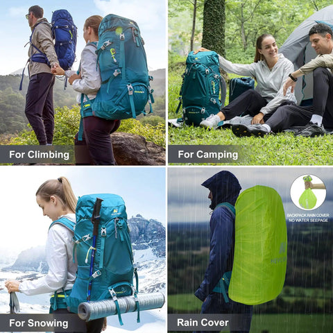 Large Capacity Internal Frame Hiking Backpack 50L 60L 65L 70L 80L For Mountain Climbing And Camping, Waterproof Rain Cover Included in use.