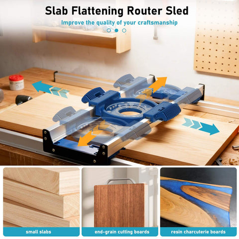 Pro Grade Slab Flattening Jig For Woodworking Routers on wood slab surface, adjustable rails shown, precise sizing, durable sled for tabletops and resin projects, end grain board friendly.
