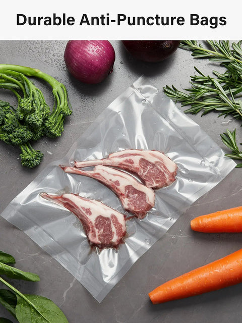 Vacuum-sealed lamb chops in BPA-free bag with fresh vegetables, part of 11 Inch By 150 Foot Vacuum Sealer Bags Roll With Cutter Dispenser.