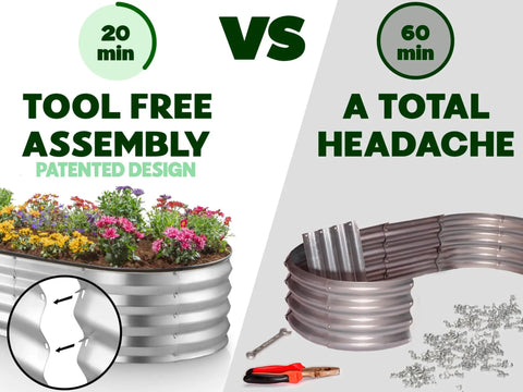 Open Base Galvanized Raised Garden Bed For Backyard Gardening 4 By 2 By 1 Ft Planter next to tools showing tool-free assembly design.