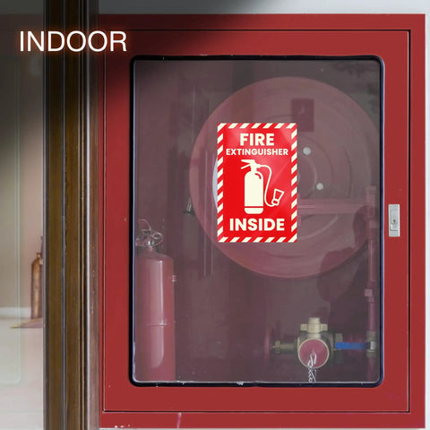 Fire Extinguisher Inside Sticker 4x6 Inch Reflective High Visibility Engineer Grade Vinyl Safety Label on glass cabinet