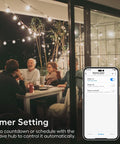 Family enjoying outdoor evening with lights controlled by Z Wave 800 Series Outdoor Smart Plug With On Off Switch IP65 Weatherproof.