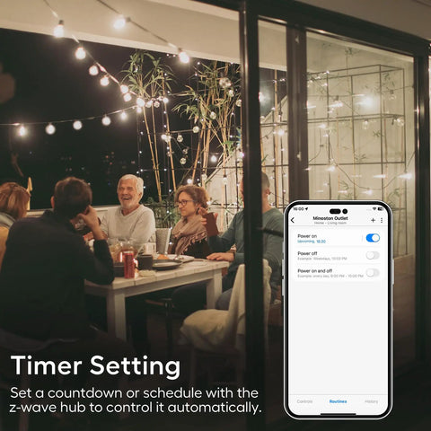 Family enjoying outdoor evening with lights controlled by Z Wave 800 Series Outdoor Smart Plug With On Off Switch IP65 Weatherproof.