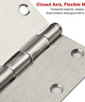 Close-up of brushed nickel door hinge showing closed axis, part of 24 Pack Brushed Nickel Door Hinges Three And One Half Inch Interior Rounded Five Eighth Inch Radius Corners Iron Hinge Set For Doors Cabinets And Furniture Includes 144 Free Screws Brushed Nickel Finish
