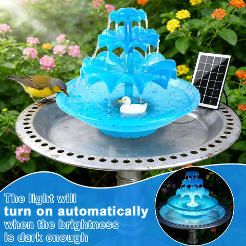 Sun Powered 3 Tier Solar Fountain Pump With LED Lights For Outdoor Water Feature in bird bath.