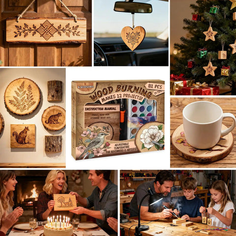 All In One Wood Burning Kit With Adjustable Temperature Pen 81 Piece Pyrography Set for Wood, Leather, Foam, and Fabric in use