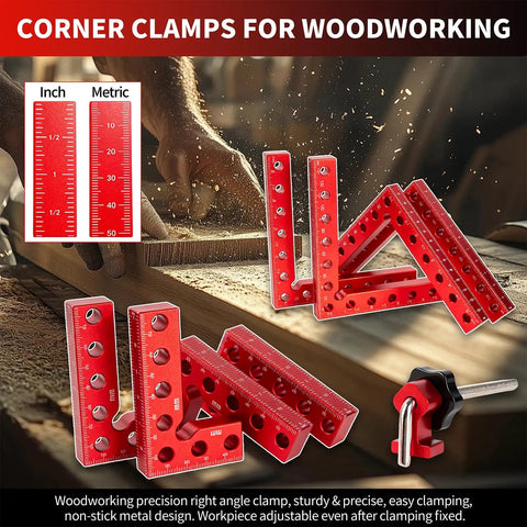 Corner Clamp Set For Woodworking 8 Piece Aluminum Alloy 90 Degree Right Angle Clamps With 5.5 Inch And 3.14 Inch Squares Includes Storage Box For Cabinets Frames And Drawers, red aluminum angle clamps