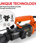 Powerful 1500W Electric Hydraulic Rebar Bender For Smooth Bending Up To 1 Inch #8 Steel Rods showing split-type pump body technology.