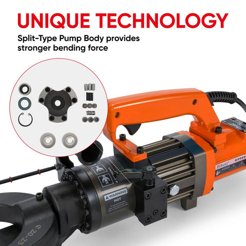 Powerful 1500W Electric Hydraulic Rebar Bender For Smooth Bending Up To 1 Inch #8 Steel Rods showing split-type pump body technology.