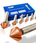 Front view of TJR Countersink 90° set, 6 pcs, HSS coated copper bits in blue box.