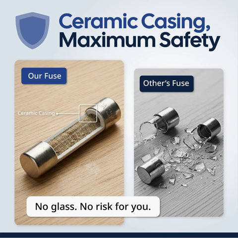 Comparison of our ceramic fuse and others' glass fuse, highlighting durability for 20 Amp Microwave Fuse 250V Slow Blow Replacement Universal.