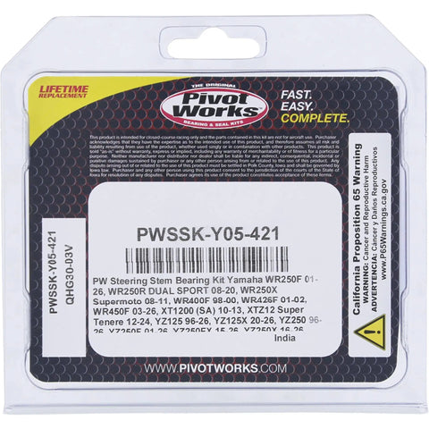 Pivot Works Steering Stem Bearing Kit For Yamaha WR 250F 250R 250X 400F 426F Replacement Upgrade With Beefy Bearings And Lifetime Warranty And Easy Install For Quick Fit, package front