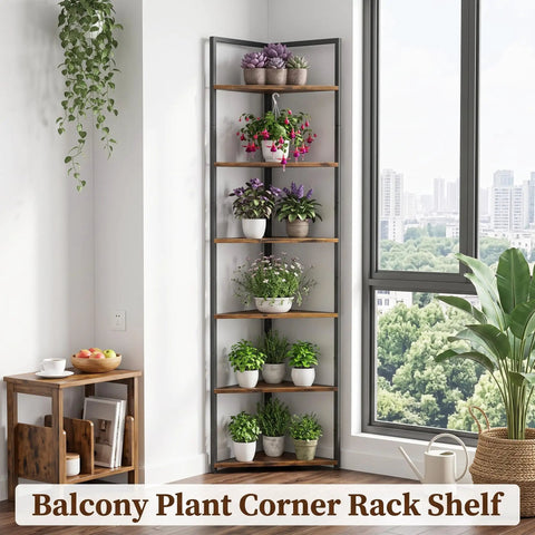 Six Tier Corner Bookshelf With Industrial Metal Frame And Engineered Wood Shelves Tall Seventy One Point Seven Inch Bookcase for plants