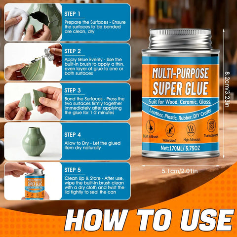 Heavy Duty Waterproof Super Glue Container With Built In Brush Applicator One Seventy Milliliter Size shown with step-by-step usage instructions.