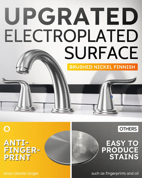 Brushed Nickel Widespread Bathroom Faucet With Two Handles, upgraded electroplated surface, anti-fingerprint finish, clean design.