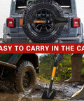 28 Inch Mini Garden Shovel With Fiberglass Handle And D Grip on vehicle spare tire and next to muddy boots