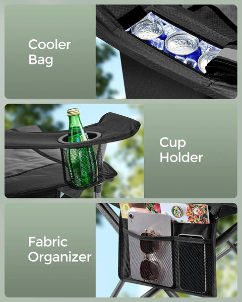 Three features of Oversized Camping Chair With Cup Holder And Cooler Bag Heavy Duty Folding Lawn Seat For Glamping 450 Lb Capacity shown