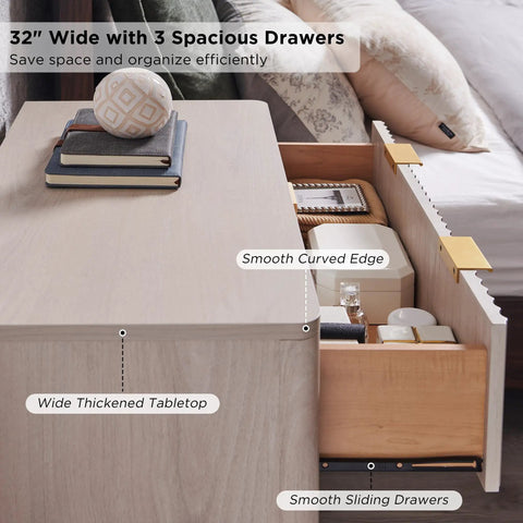32" wide fluted nightstand with three drawers in clean white alder finish; offers storage and sleek design.
