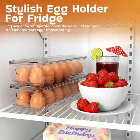 Clear Stackable Egg Organizer Trays With Lids And Handles, 14 Slot Fridge Storage Bins, Pack Of 2 For Kitchen Or Pantry Organization, Keeps Eggs Fresh Bruise Free And Neat
