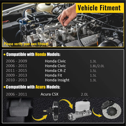 Rugged Vacuum Power Brake Booster Assembly For Honda Civic Acura Csx Fit CR Z And Insight vehicle compatibility details and engine sizes.
