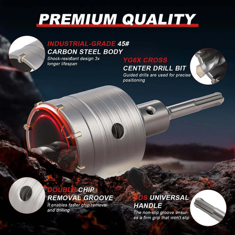 REKCKRUL 2-inch concrete hole saw with SDS Plus shank; carbon steel body for masonry drilling