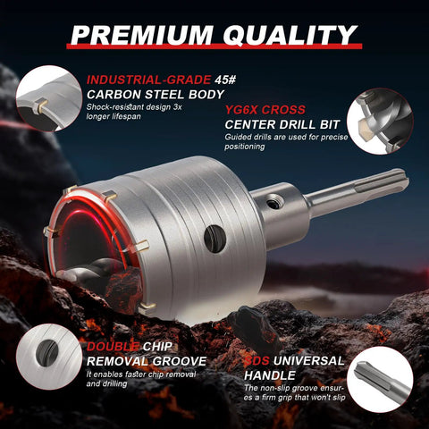 Heavy Duty 3 Inch Concrete Hole Saw Kit Featuring Top Shelf Tungsten Carbide Bits SDS Plus Adapter and Catch All Dust Bag for No Sweat Masonry Drilling Action close-up on carbon steel body and center drill bit design.