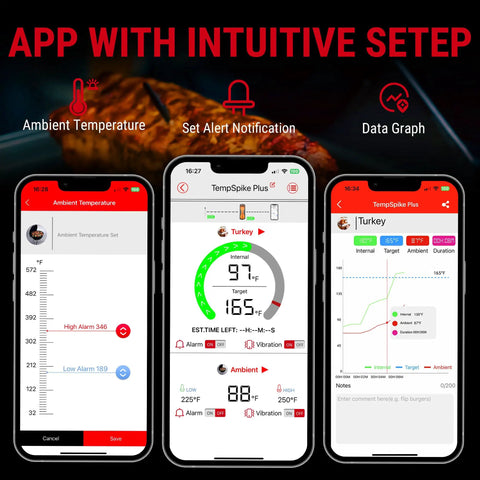 App interface for 600 Foot Range Bluetooth Wireless Meat Thermometer With Upgraded Ultra Thin Probe for outdoor cooking.