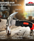 Nail-On Furniture Pads Hammer For Installing Floor Protectors, Compact 8oz claw hammer with magnetic tip on wooden surface.