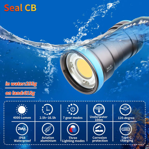 Seal CB 4000 Lumen Underwater Dive Light For Photography And Video, 6500K White Plus Blue And Red Light, 94 CRI, 120 Degree Beam