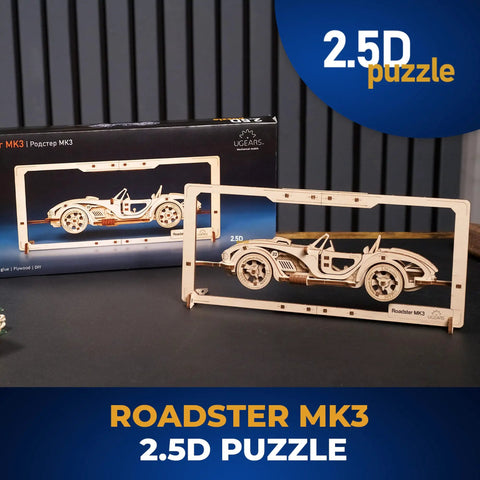 Roadster 2.5D Wooden Puzzle Kit With Movable Parts Frame For Wall Display And Hands On Adult Build Classic Muscle Car Model