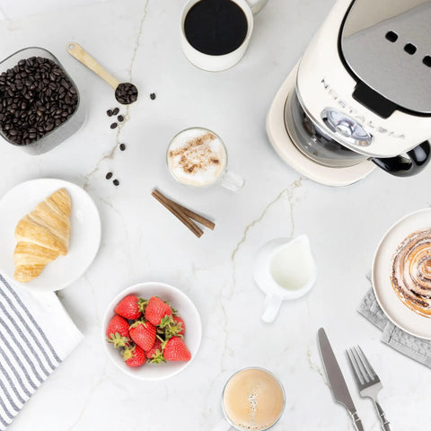 Top view of Classic Retro 10 Cup Drip Coffee Maker With One Touch Brew Reusable Filter Auto Shutoff Time Display in a kitchen setting.