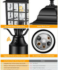 Outdoor Dusk To Dawn Post Light With A 3 Inch Pier Mount Base 19 Inch Tall Exterior Lantern Featuring Tempered Glass Anti Rust Die Cast Aluminum Construction Matte Black Hardwired 120V Lamp Post For Homes And Driveways highlighting glass, finish, sensor, and socket details.