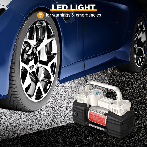 Beast Mode Heavy Duty Digital Tire Inflator 12V Portable Air Compressor Pump with LED light beside a car tire.
