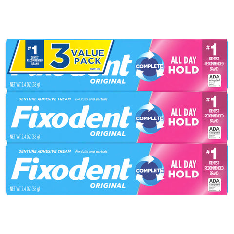Complete Original Denture Adhesive Cream For All Day Hold And Comfort, 2.4 Oz, 3 Pack, Seals Out Food Between Dentures And Gums