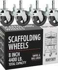 Heavy Duty Scaffolding Wheels With Swivel Stem Mount And Dual Lock Brakes For Smooth Riding On Tough Job Sites Eight Inch Non Marking Rubber Casters In Black on packaging with load capacity details