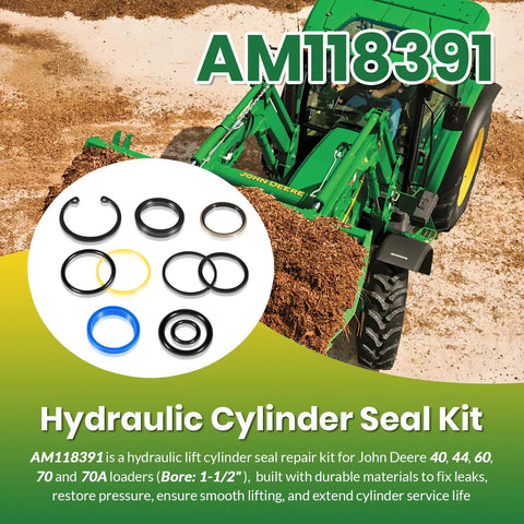 Cylinder Seal Kit For One And A Half Inch Bore Hydraulic Loader Cylinders Fits Loader Models 40 44 60 70 70A Tractor Mounted Front End Loaders Easy Install Replacement Interchange Part Number AM118391 with various seal components shown.