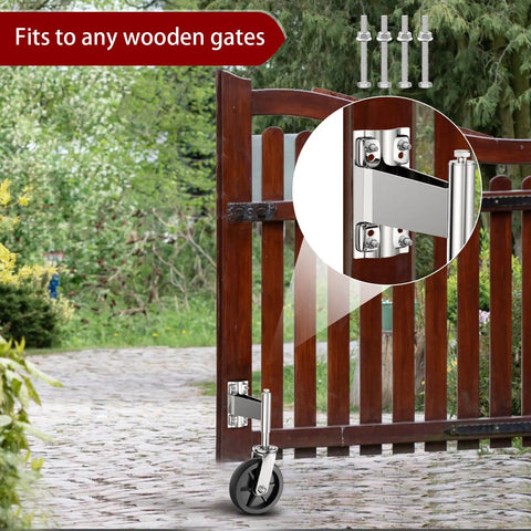 Eight Inch Heavy Duty Fence Gate Wheel With Spring Loaded Shock Absorber For Metal Tube Gates mounted under a wooden gate.