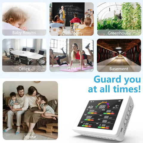 Indoor Air Quality Monitor With Noise Sensor And Real Time CO2 PM25 HCHO TVOC AQI Db Meter Color Coded Indicators Portable For Home Office Baby Room White, white desktop unit