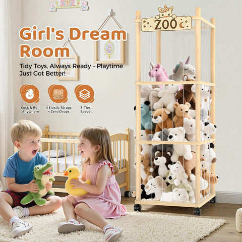56 Inch Tall Wooden Stuffed Animal Storage Tower With Wheels in playroom, filled with plush toys, with children playing nearby.